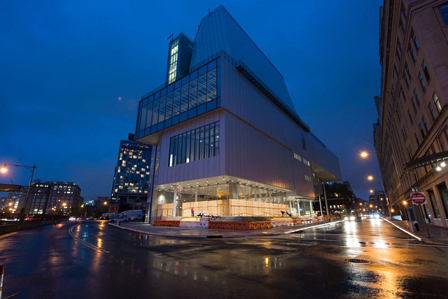 The new Whitney Museum of American Art in the evening, October 2014. Photo by Timothy Schenck. Photo courtesy Whitney Museum.