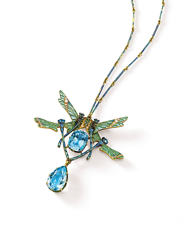 René Lalique created this gold, aquamarine, diamond and plique-à-Jour Enamel Dragonfly pendant necklace circa 1903-1904. Photos courtesy Sotheby's.