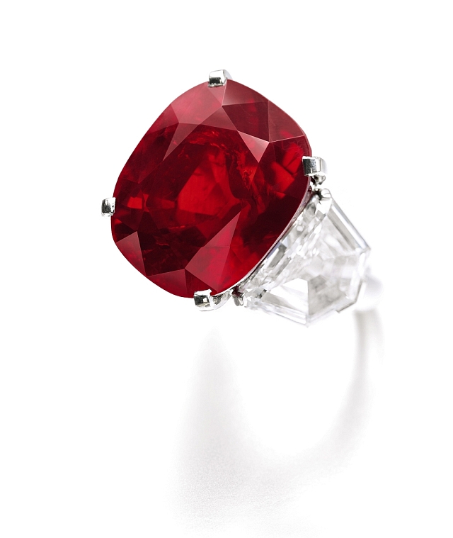 The stunning Sunrise Ruby uses a cushion brilliant cut. It’s by Cartier and comes from a private collection. Photos courtesy Sotheby's.