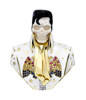 Theo Fennell Elvis brooch fashioned from mammoth ivory skull, white gold, diamonds ruby and blue sapphire. Photo courtesy of Theo Fennell.