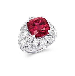 Fiery spinels — here, a 10.3-carat Graff cushion-cut — are made more intense when paired with icy stones.  