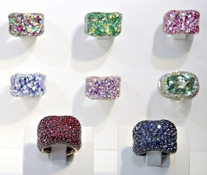 Known for their intense color, many of the Emotion collection's rings twinkle with over 300 gems. 