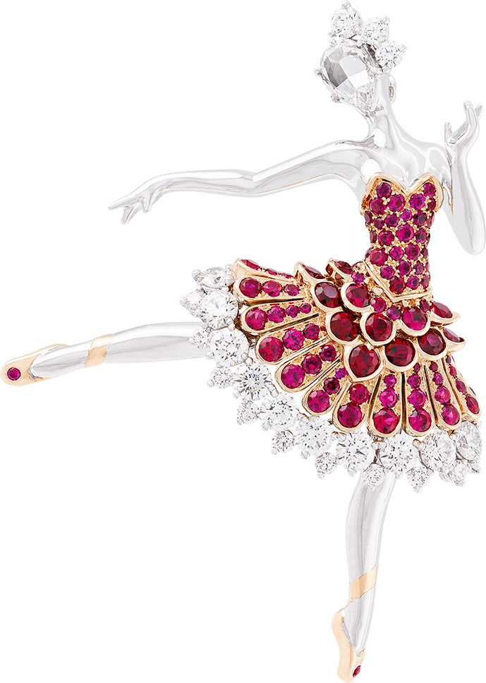 Van Cleef & Arpels created five ballerina clips especially for Masterpiece London, which it will unveil for the first time at the show. They are made in the style of the maison’s original ballerina clips first created in the 1940s. Image courtesy Van Cleef & Arpels.