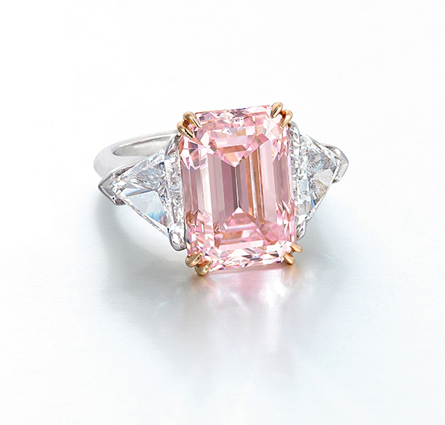 Expected to draw in the biggest bid of the over 300-lot Hong Kong sale — upwards of $15 million — is this fancy intense pink diamond. Weighing approximately 9.07 carats, it has been mounted in platinum and 18k rose gold by Harry Winston. Photos © Christie's Images Ltd.