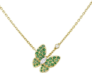 A subtly inclined butterfly boasts a marquise-cut diamond body. 