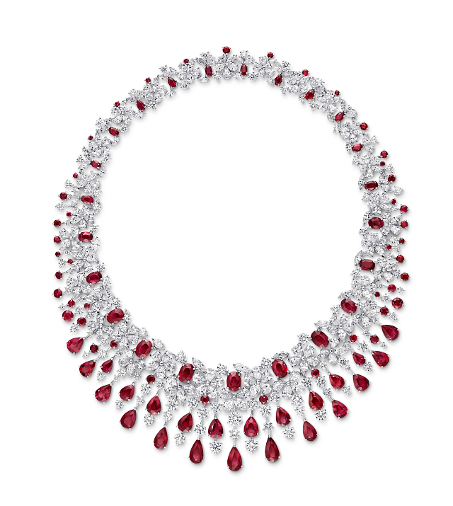 A collar of diamond flowers is made more dramatic by ruby insets and fringe in this striking necklace from the Carissa collection. Photos © Graff Diamonds Ltd.