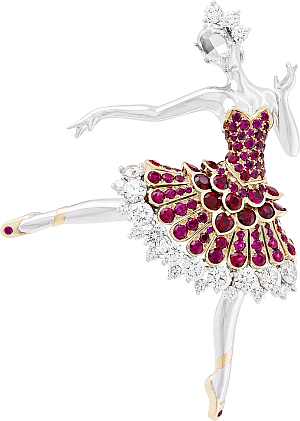 The only dancer not bedecked in sapphires glides along in a skirt of round rubies. 