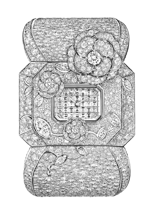 A jury of experts determined the High Jewelry and Timepieces Awards's first-ever victors, including Chanel's glittering secret watch. The piece features three camellia blooms, the largest of which swings open to reveal a dial bedecked with 34 baguette diamonds. Photos courtesy the National Jewelry Institute. 