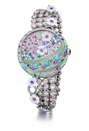 The collection's watches boast delicate hard stone flowers that were sculpted one by one, as well as a supple bracelet made of diamonds strung together like beads. 