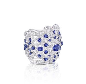 Icy diamonds — 97.47 carats-worth — make vivid sapphires pop even more on Graff’s sublime cuff. Photo courtesy Graff Diamonds.