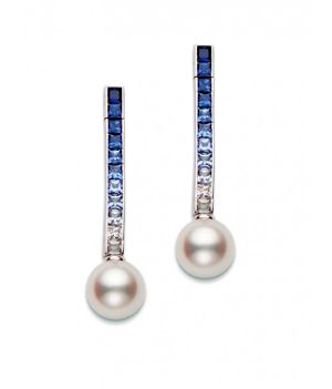 The Ocean Long earrings combine 8mm Akoya cultured pearls with 1.49 cts. of blue sapphire set in 18 karat white gold.