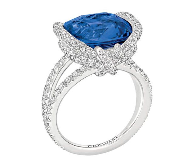 This Chaumet Liens ring comes in white gold with diamonds and a cushion-cut sapphire centerpiece. Photo courtesy Chaumet.