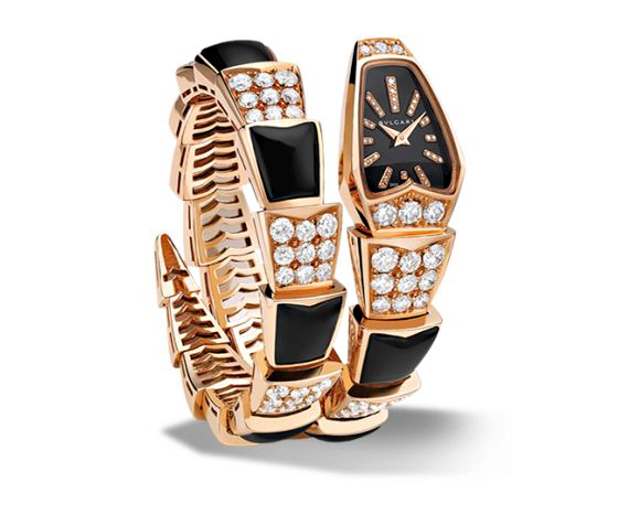 This Serpenti ladies wristwatch uses brilliant cut diamonds, a black sapphire crystal dial, and onyx. Photo courtesy Bulgari.