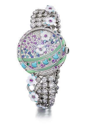 A striking mix of diamonds, emeralds, Paraíba tourmalines, and pink and blue sapphires ensure the Summer in Provence watch from Fabergé stands out.