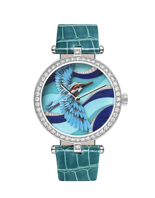 Only 22 of each of the new Van Cleef & Arpels watches, including the Lady Arpels Martin-Pêcheur Azur, were crafted. Photo courtesy Watches&Wonders 2015.
