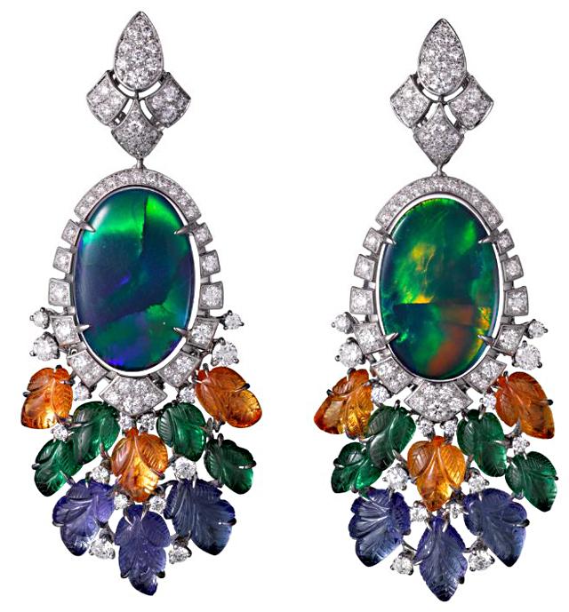 These flamboyant earrings sparkle with white gold, opals, mandarin garnets, tsavorite garnets, tanzanite and diamonds. Photos courtesy Cartier.