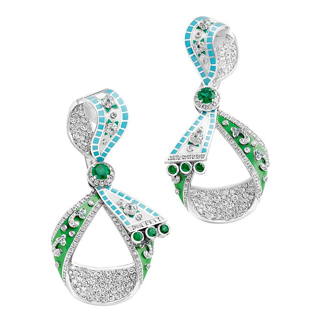 There’s never a shortage of whimsy with Fabergé’s designs. Here, diamonds and emeralds dot earrings with a playful ribbon motif. Photo courtesy Fabergé. 