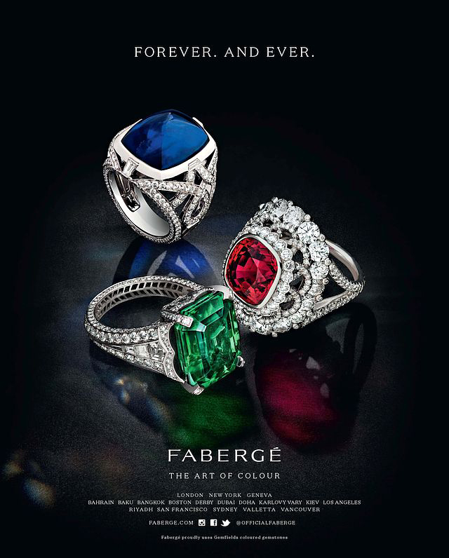 There’s been increased demand for colored gemstones in recent years — but diamonds still provide a glamorous backdrop. The emerald ring in Fabergé’s new ad, alone, boasts 251 round white diamonds and 14 baguette diamonds. Photo courtesy Fabergé. 