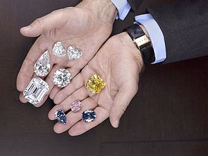 Here, Laurence Graff displays some of his label’s most famous diamonds, including the Graff Sweethearts (top), which weigh in at 51.53 and 50.76 carats.