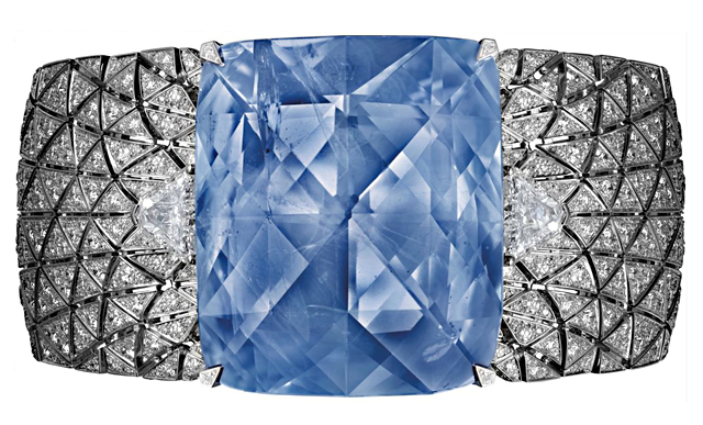 This high jewelry bracelet uses platinum, sapphire, rock crystal and diamonds to evoke the sun and blue sky. Photo courtesy Cartier.