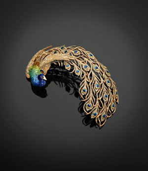 Anita Delgado's peacock brooch by Mellerio dits Meller. Paris, France c. 1905. Credit: Servette Overseas Limited 2014. Photograph: Prudence Cuming Associates Ltd. 