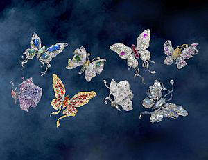 Diamond, ruby, sapphire, garnet, gemstone butterflies of titanium designed and produced by Anna Hu, 2015. "Each exotic and one-of-a-kind butterfly represents each remarkable year of my brand’s existence," she says.