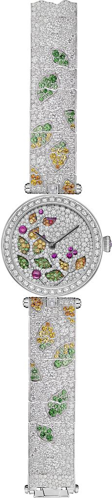 The leafy theme of the Lady Jour des Fleurs is continued with multicolored leaves that flutter about on a jeweled bracelet.