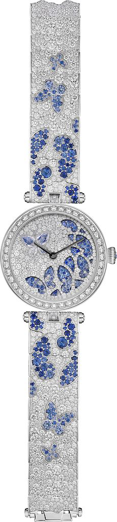 On the dial of the Lady Nuit des Papillons, clear, rose-cut diamonds outline the wings of a butterfly, offering a glimpse of a rotating, gem-encrusted disk underneath. Photos courtesy Van Cleef & Arpels. 