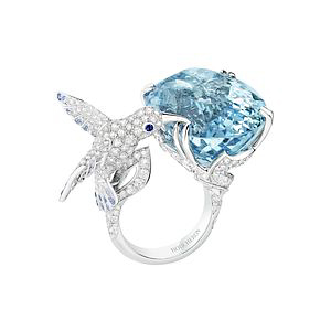 A hummingbird paved in diamonds and sapphires admires yet another light blue wonder in Boucheron’s Hopi ring. Photo courtesy Boucheron. 