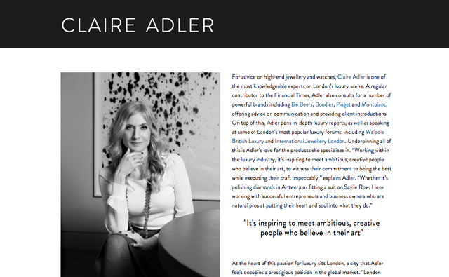 Adler, a features writer for Sparkle, is among 20 recipients of a Luxury Tastemakers Award from IN London magazine.  Screen capture from the magazine's website: http://www.inlondonmagazine.com/claire-adler.