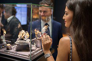 Russian socialite Alina Blinova admiring the de Grisogono display at Christie’s in the past month. Source: Bircan Tulga Photography.