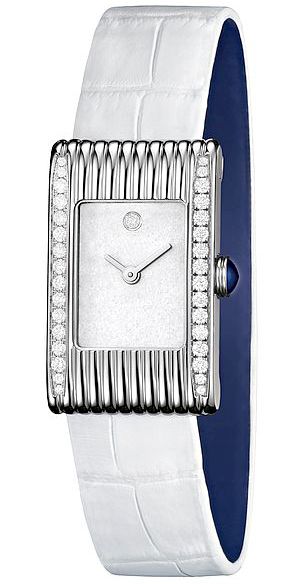 Sixteen diamonds line each side of the white version’s steel case. 