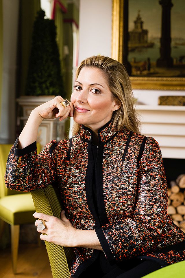 Catherine Prevost wearing polished crystal Wave ring with gold shank and Gatsby ring with rock crystal, diamonds and matte yellow gold shank. Images courtesy of Catherine Prevost. Photography by Dan Stevens.