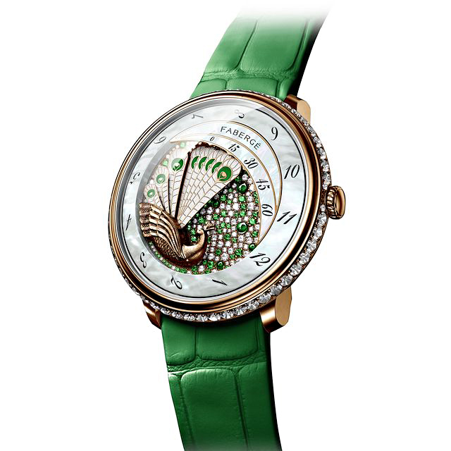 Faberge’s Lady Compliquée Peacock watch presents a spectacular, evolving scene where hours and minutes are viewed on either mother-of-pearl or onyx. Photos courtesy Fabergé.