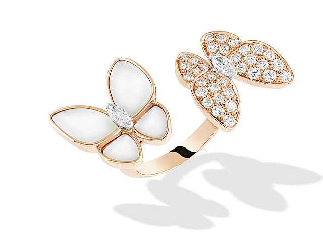 Van Cleef & Arpels plays with asymmetry on its new nacre Two Butterfly ring. Photos courtesy Van Cleef & Arpels.
