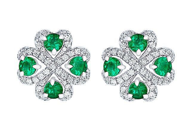 The emerald incarnation of Fabergé’s Quadrille earrings features 1.49 carats of May’s birthstone. Photos courtesy Fabergé.